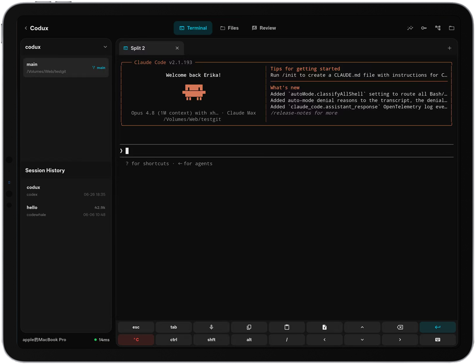 Codux tablet workspace